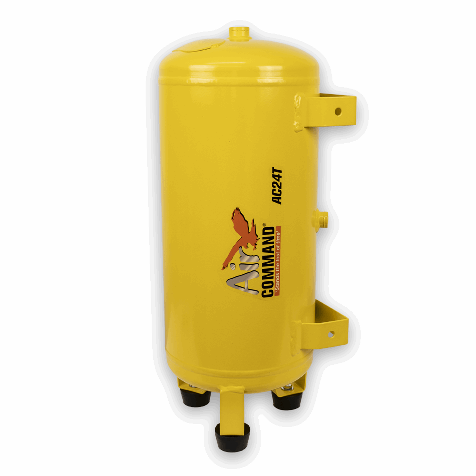 A yellow cylindrical air compressor reservoir tank with mounting brackets and black feet, featuring the Air Command AC24T logo, on a white background.
