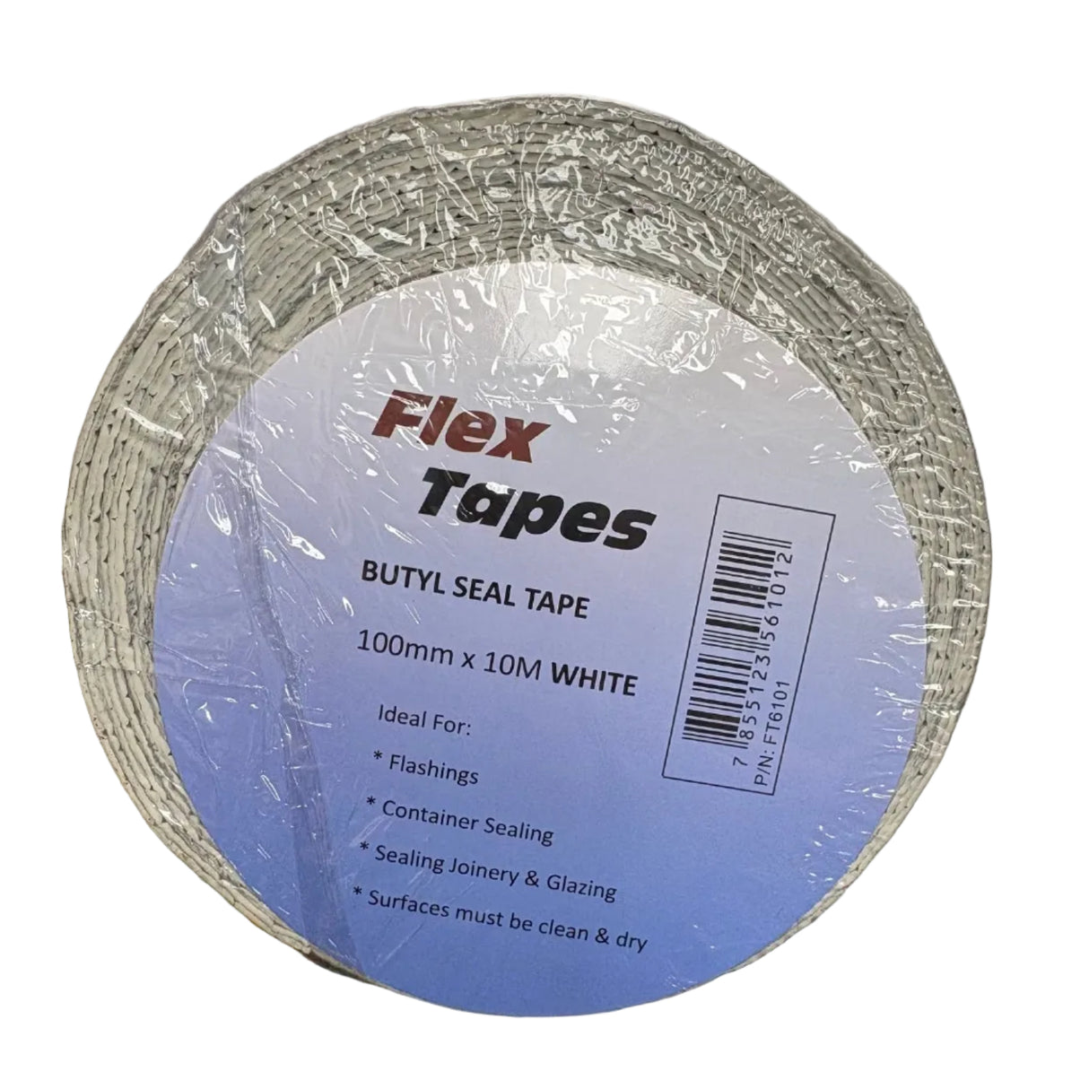 A roll of white butyl seal tape wrapped in clear plastic with a blue and white label reading 'Flex Tapes'