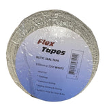 A roll of white butyl seal tape wrapped in clear plastic with a blue and white label reading 'Flex Tapes'