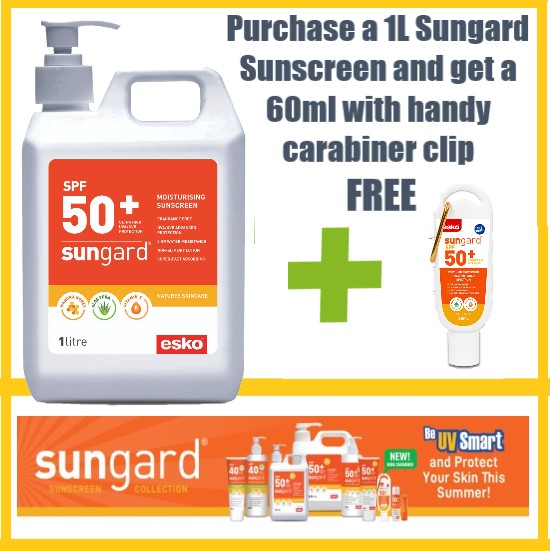 1lt Pump Bottle, SunGard SPF 50+ Sunscreen Promo with FREE 60ml Carabiner Sunscreen