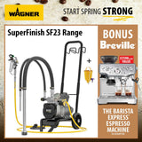 Wagner SuperFinish SF23 Range water pump and hose set shown with a Breville espresso machine offer on a textured beige background with coffee beans. The main product is a black and gray pump on a wheeled stand with yellow hoses and nozzles, alongside a promotional side panel offering a Breville espresso machine via reservation.