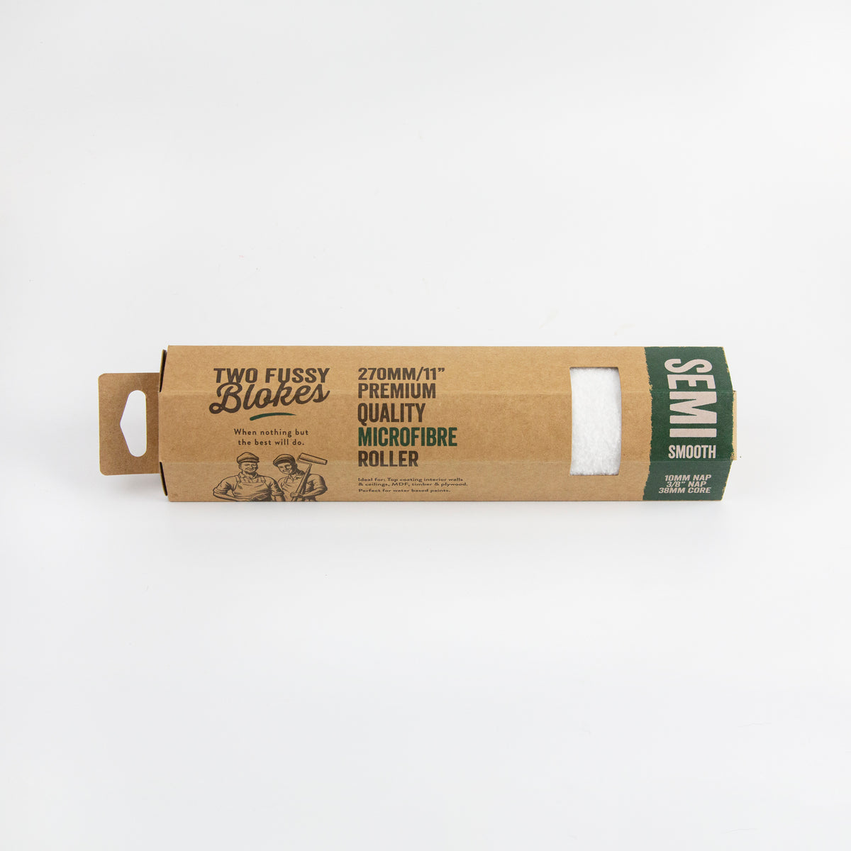Two Fussy Blakes Semi Smooth 270mm premium quality microfibre roller in its original kraft paper packaging, shown on a clean white background.