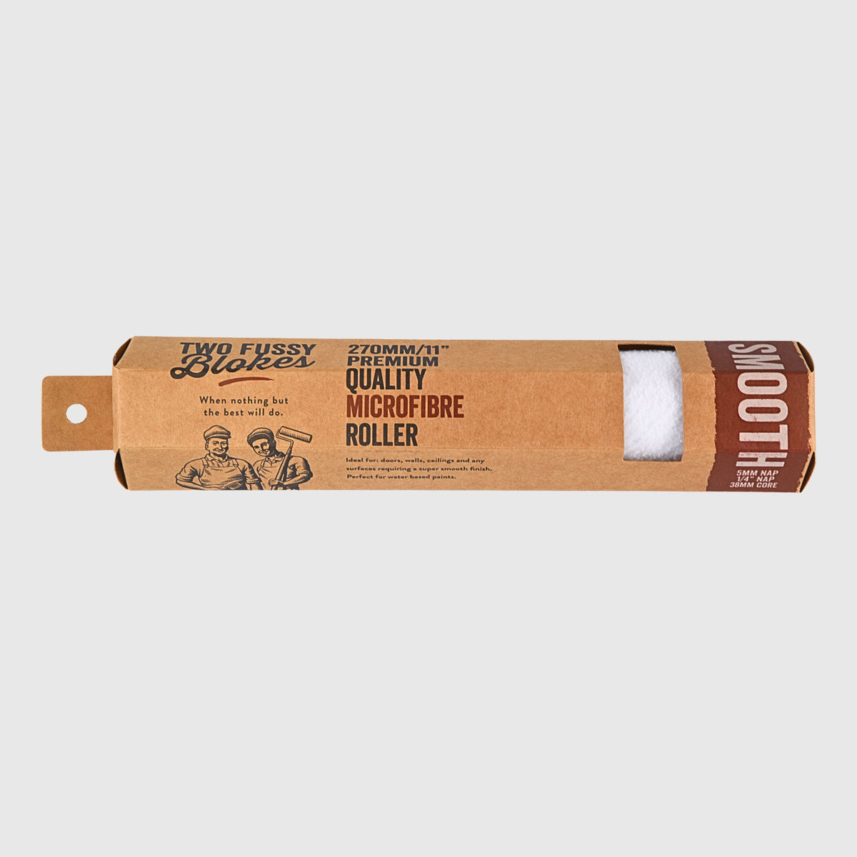 Two Fussy Blocks 270mm/11-inch premium quality microfibre roller in its original kraft paper packaging, featuring a white textured roller visible through a clear window on the right side.