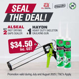 Promotional offer for ALSeal and Hayden products with a caulking gun and sealant on a white background.
