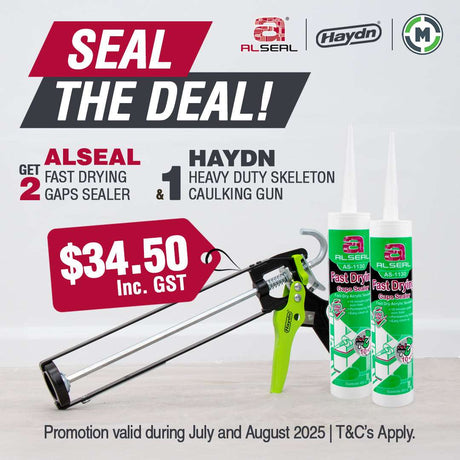 Promotional offer for ALSeal and Hayden products with a caulking gun and sealant on a white background.