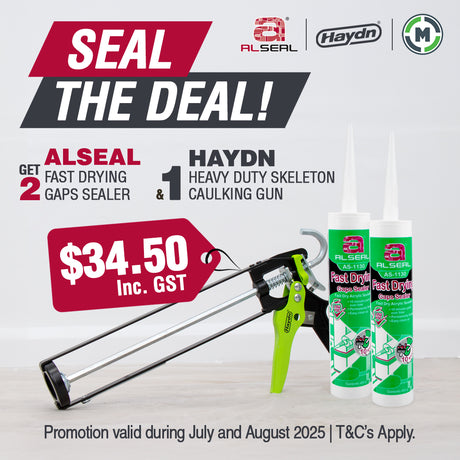 Promotional offer for ALSeal and Hayden products with a caulking gun and sealant on a white background.