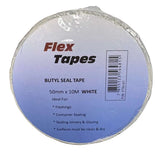 A roll of white Flex Tapes butyl seal tape, wrapped in clear plastic