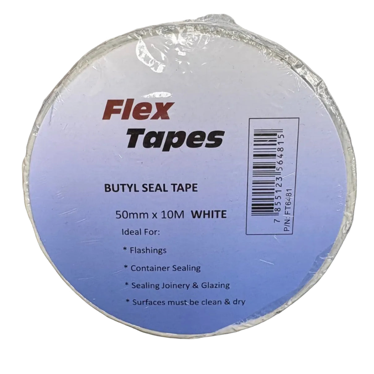 A roll of white Flex Tapes butyl seal tape, wrapped in clear plastic