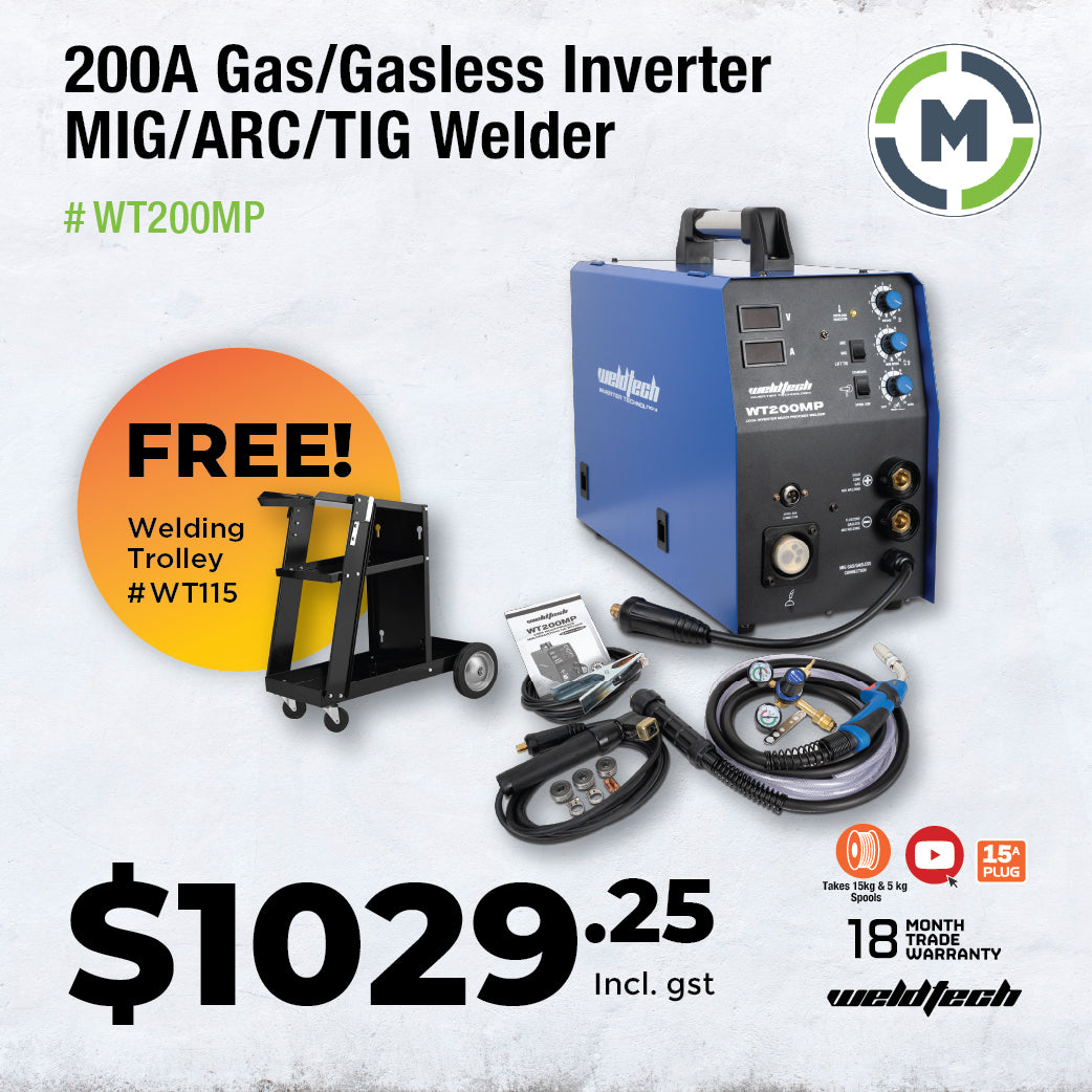 WeldTech 200A Gas / Gasless Inverter Welder - Mig / Tig And Arc Capable - FREE WELDING TROLLEY