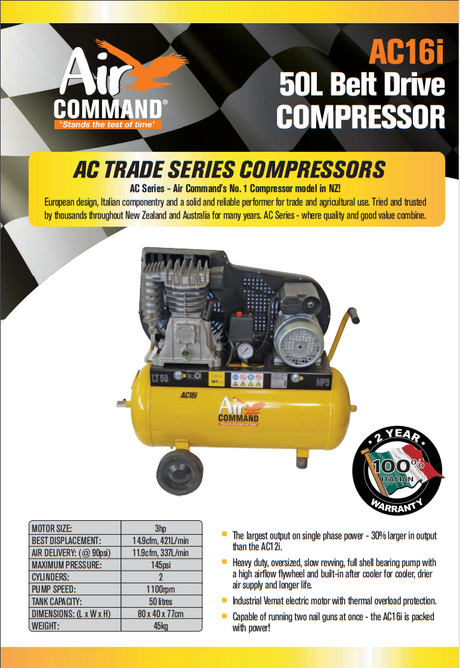 Air Command 3HP Belt Drive Compressor 50L Tank, AC16i  Brochure