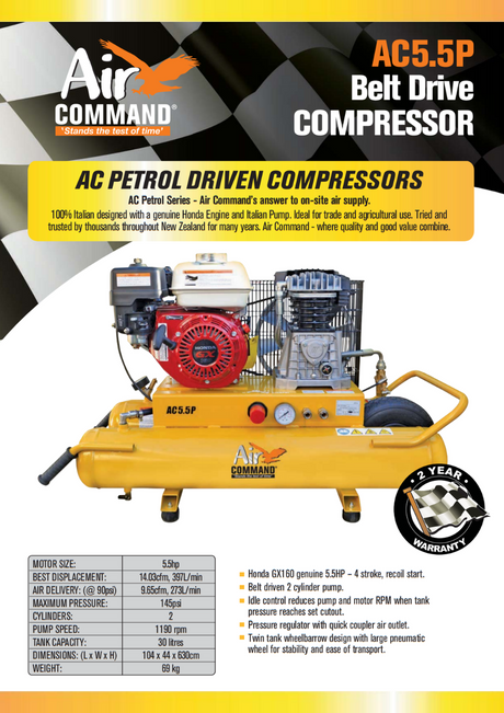 Air Command Honda 5.5HP, 14CFM Twin Tank Petrol Compressor Brochure