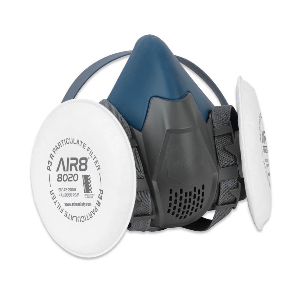 A blue and gray respirator mask with two white disposable particulate filters attached, shown on a plain white background.