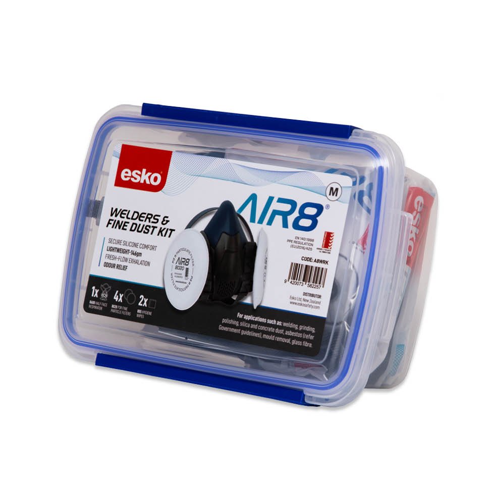 Esko Welders & Fine Dust Kit in a clear plastic storage container with a blue-lidded case, shown on a white background.