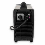 Black and silver electronic device with a power cord on a white background