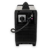 Black and silver electronic device with a power cord on a white background