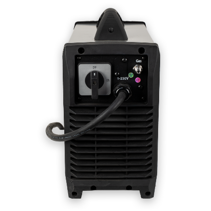 Black and silver electronic device with a power cord on a white background