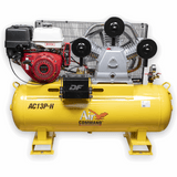 Yellow air compressor with engine on a white background