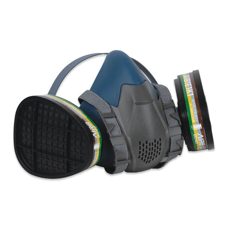 A dark blue and gray full-face respirator mask with two black filter cartridges, one showing the textured black front and the other showing the side with colored bands.