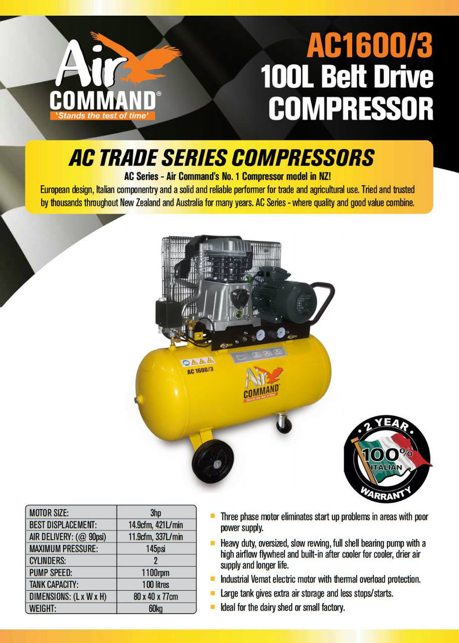 Air Command 3HP Belt Drive Compressor 100L Tank, AC1600/3 Brochure