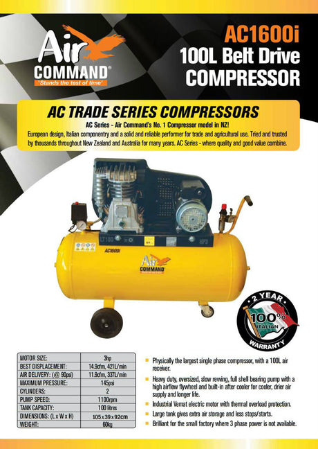 Air Command 3HP Belt Drive Compressor, 100L Tank, AC1600i Brochure