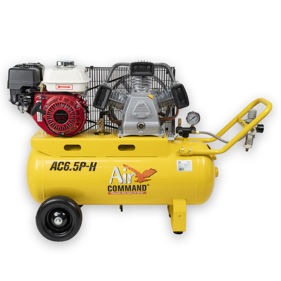 Yellow air compressor with visible branding on a white background