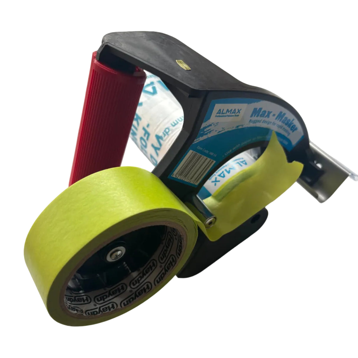Green tape dispenser with a roll of tape on a white background