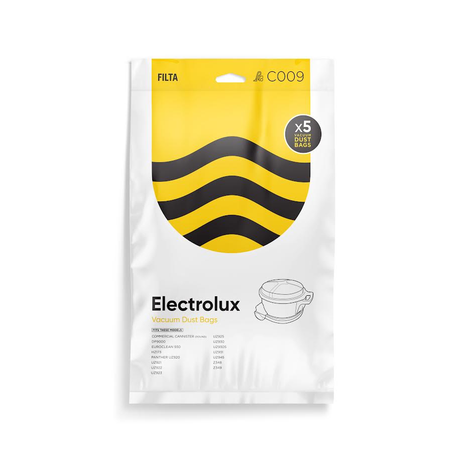Packaging of Electrolux Commercial Canister Round Series Microfibre Vacuum Bags showing 5 bags per pack, with yellow and black branding elements.