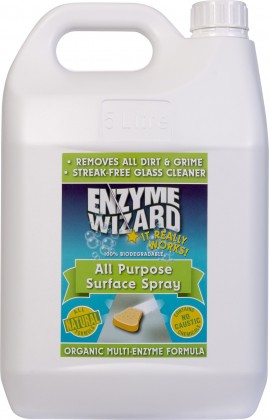 A white plastic bottle with a label that reads 'Enzyme Wizard All Purpose Surface Spray'. The label includes green accents and states it is an organic multi-enzyme formula.
