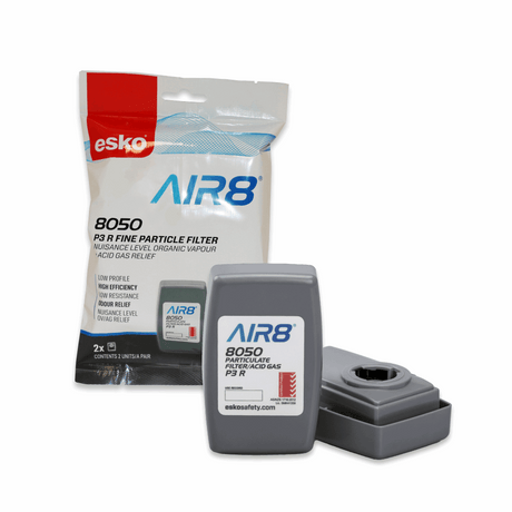 Esko Air8 8050 particulate filter packaging and filter on a white background