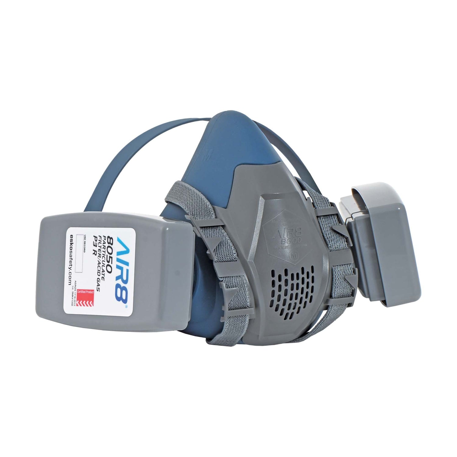 Gray and blue respirator mask with AIR8 branding on a white background