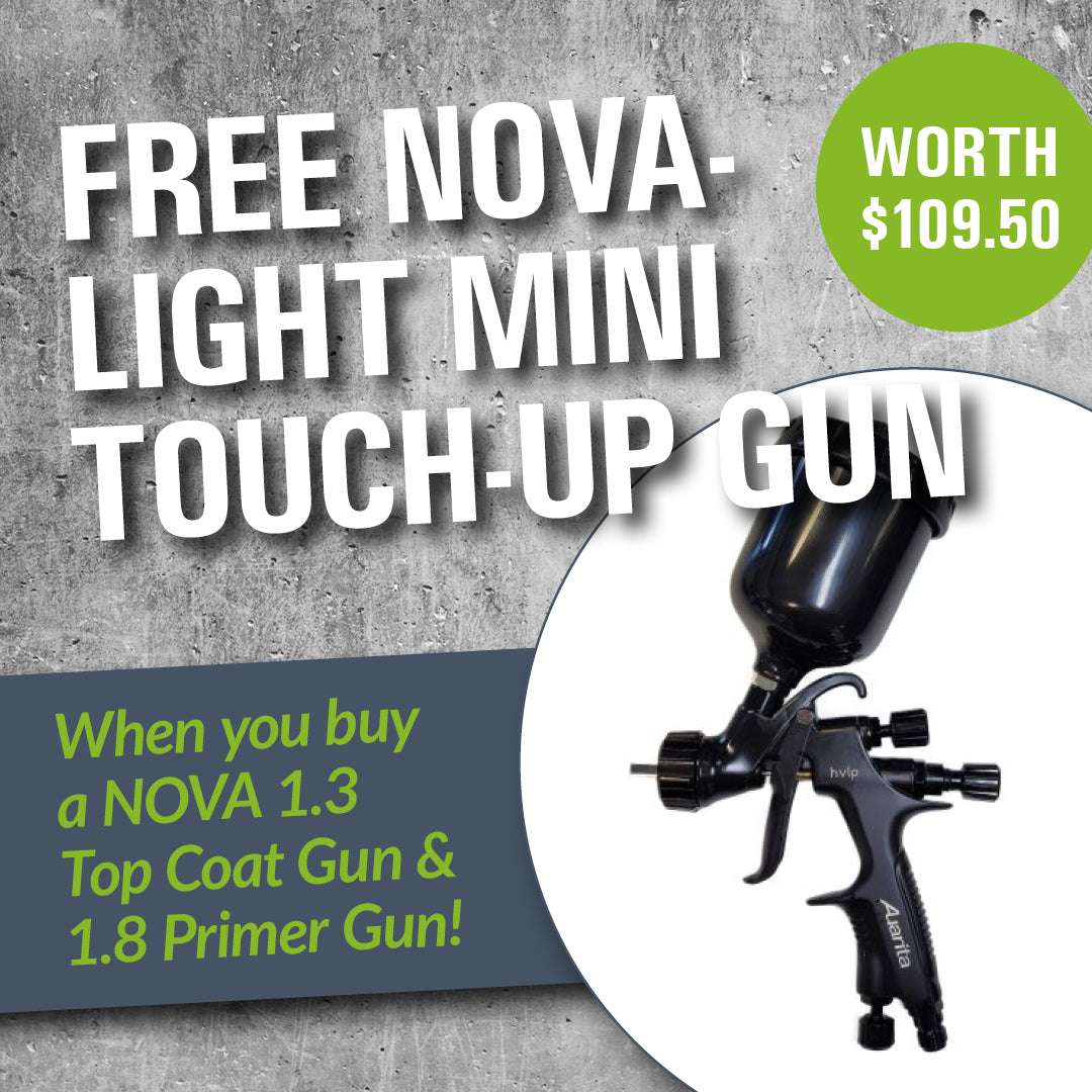 Promotional offer for a free Nova-Light Mini Touch-Up Gun with paint guns purchase.