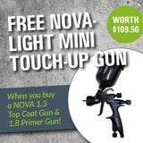 Promotional offer for a free Nova-Light Mini Touch-Up Gun with paint guns purchase.