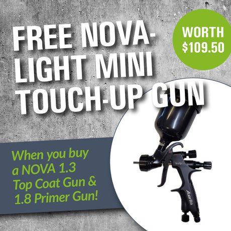 Promotional offer for a free Nova-Light Mini Touch-Up Gun with paint guns purchase.