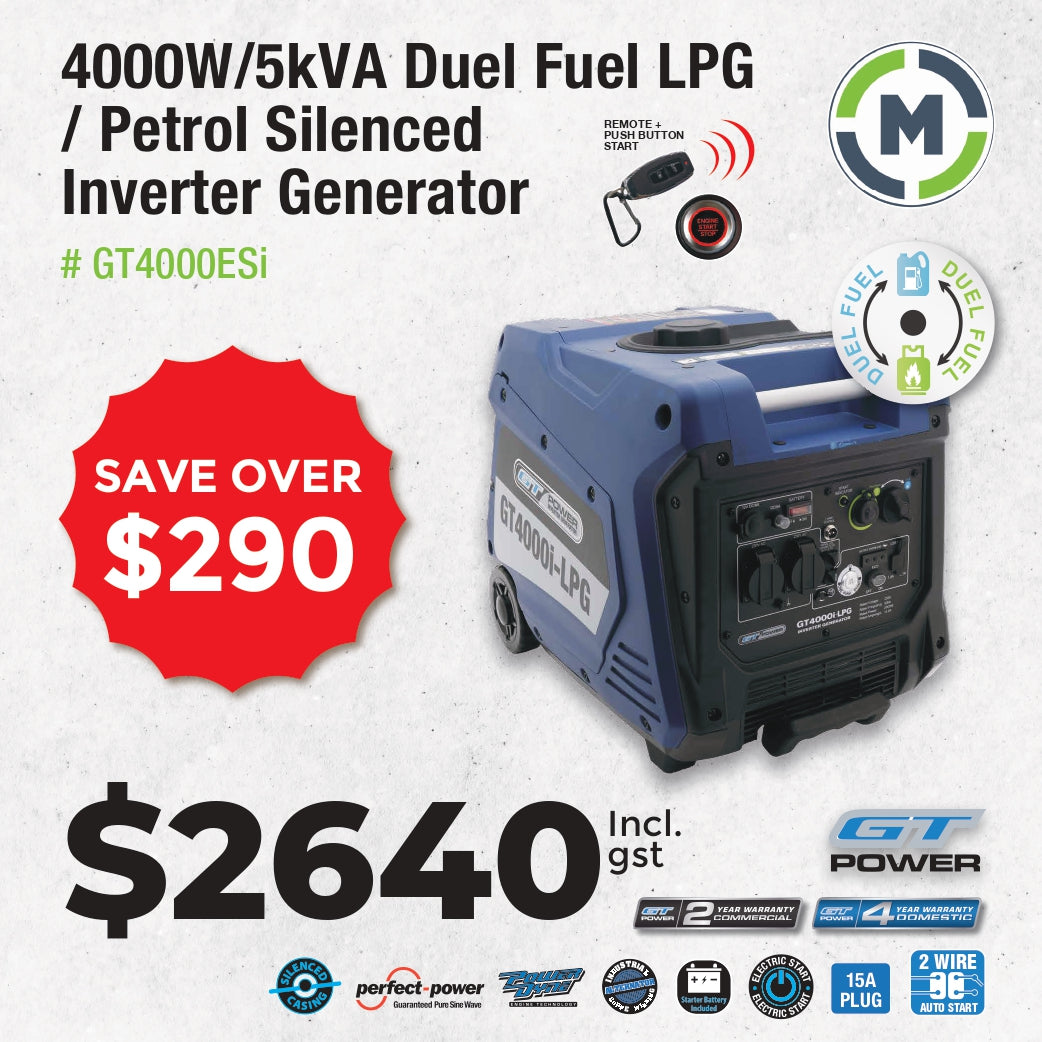 LPG And Petrol Dual Fuel GT Power Silenced Inverter 4000W Generator - SAVE OVER $290