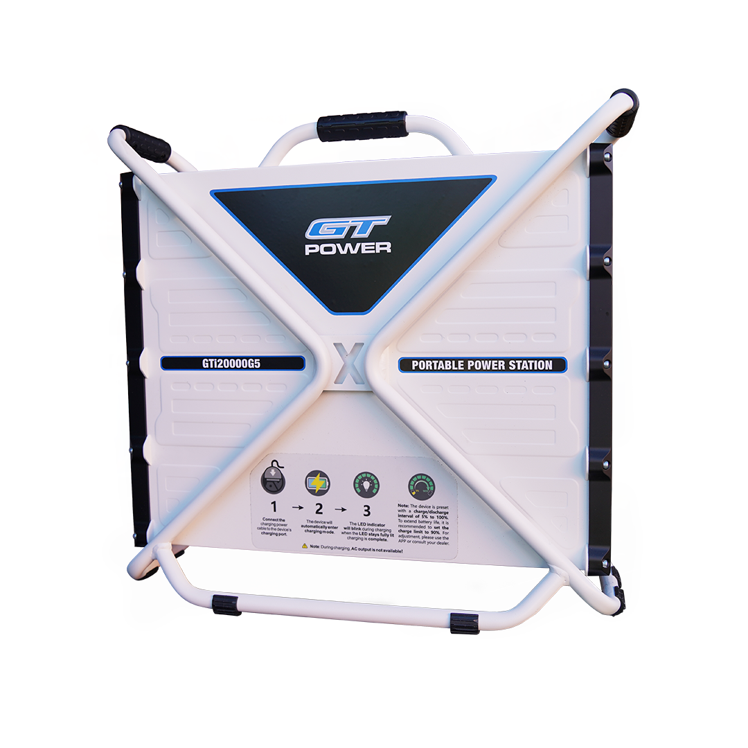 GT Power GT20000G5 portable power station in white and black with a handle and fold-out frame, shown on a plain white background.