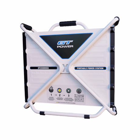 GT Power GT20000G5 portable power station in white and black with a handle and fold-out frame, shown on a plain white background.