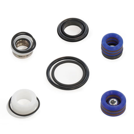 Set of mechanical seals and gaskets on a white background