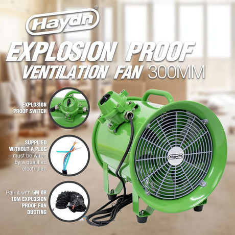 Green explosion-proof ventilation fan with Hayden branding on a blurred indoor background