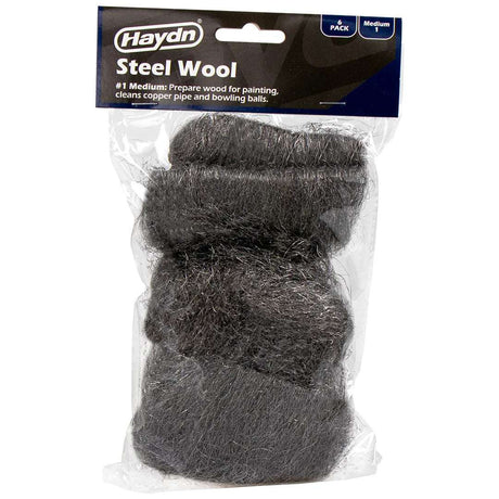 Haydn steel wool package with three pieces in clear plastic packaging on a white background