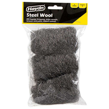 Haydn steel wool package with three pieces visible in clear packaging on a white background.