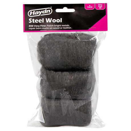 Haydn steel wool package with three pieces inside a clear plastic bag on a white background.