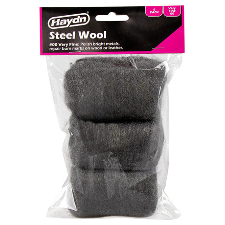 Haydn steel wool package with three pieces inside a clear plastic bag on a white background.