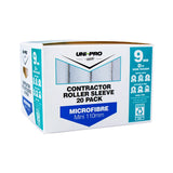 A 20-pack box of UNI-PRO Contractor Roller Sleeve Microfibre Mini 110mm, size 9mm (D), shown on a clean white background.