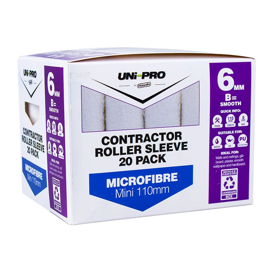 A box of UNI-PRO Contractor Roller Sleeve 20 Pack, Microfibre Mini 110mm, featuring a white packaging design with purple and blue accents.
