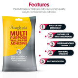 Ananglypta Multi Purpose Wallpaper Adhesive packaging with features listed on a white background