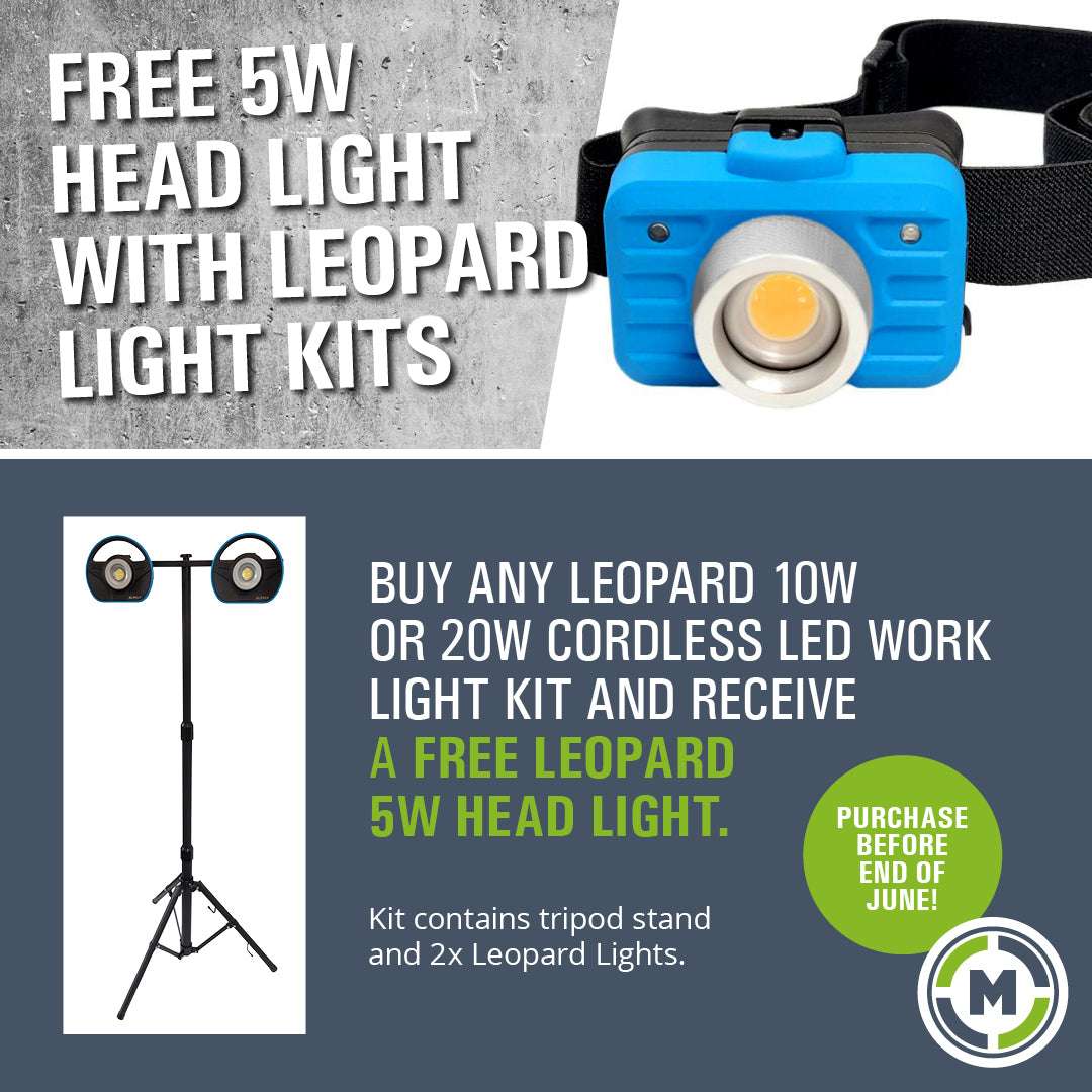 Almax Leopard Cordless LED Work Light Kit Includes 2 Lights And Adjustable Stand - Free Head Lamp