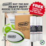 Haydn heavy duty masking film pre-folded in a box with two rolls of masking film and two pre-folded footballs/rugby balls shown in a promotional composite layout with text overlays.