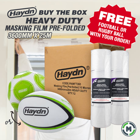 Haydn heavy duty masking film pre-folded in a box with two rolls of masking film and two pre-folded footballs/rugby balls shown in a promotional composite layout with text overlays.