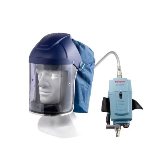 Honeywell Aviner 2 anesthesia delivery system with a blue face shield mask and a light blue pump unit, displayed on a white background with a mannequin head.