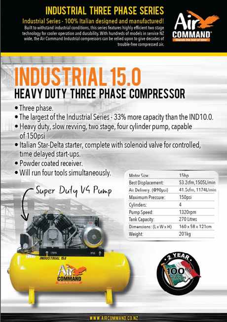 Air Command 15HP Industrial Three Phase Air Compressor, IND15.0 Brochure